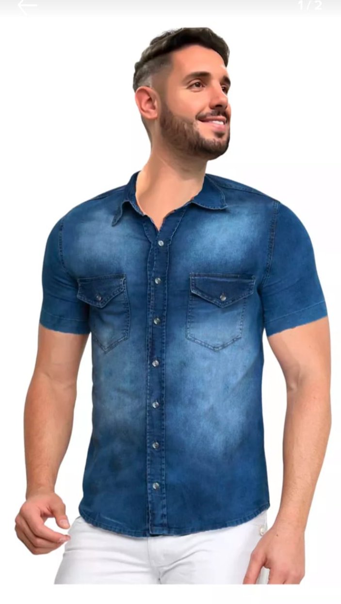 Camisa Jeans masculina Slim Fit Manga Curta Bolsa Lycra Luxo.