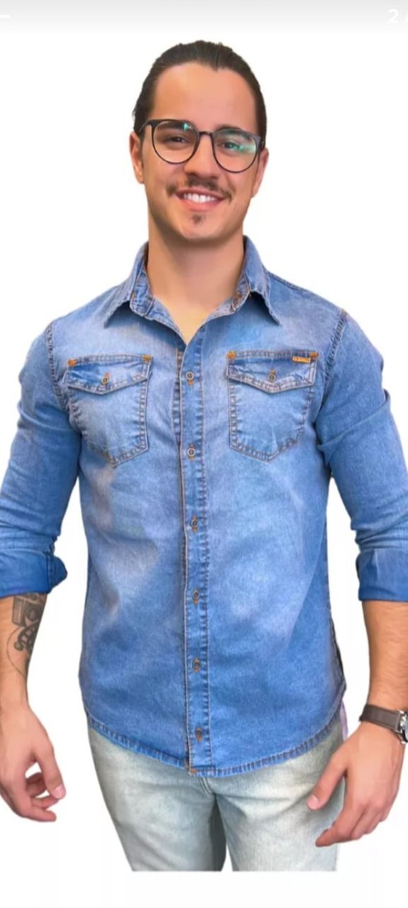 Camisa  Jeans Masculina Slim  Fit Manga Longa Bolso Lycra Luxo.