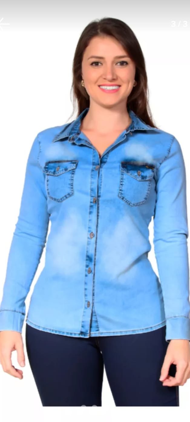 Camisa Jeans Feminina Social Blusa Lycra Jacquard Slim Fit