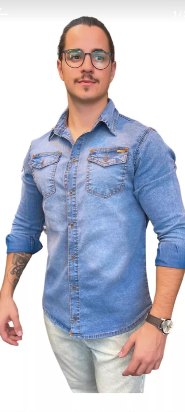 Camisa  Jeans Masculina Slim  Fit Manga Longa Bolso Lycra Luxo.