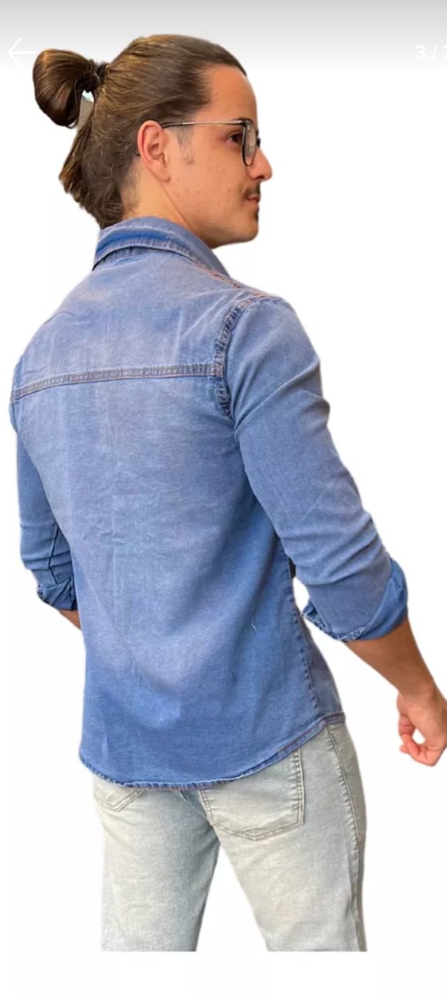 Camisa  Jeans Masculina Slim  Fit Manga Longa Bolso Lycra Luxo.