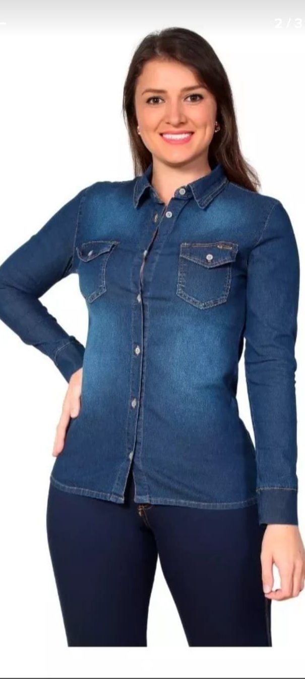 Camisa Jeans Feminina Social Blusa Lycra Jacquard Slim Fit