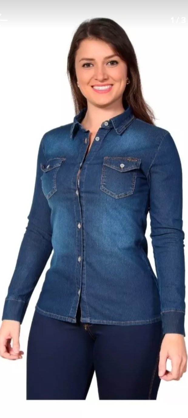 Camisa Jeans Feminina Social Blusa Lycra Jacquard Slim Fit