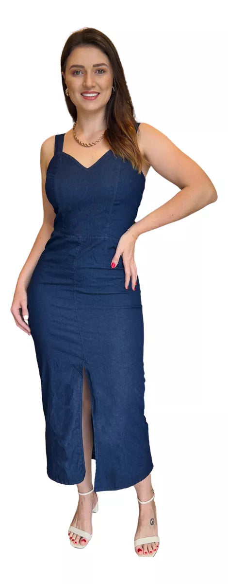 Vestido Jeans Leve Social Midi Longo Alça Larga Saia Fenda